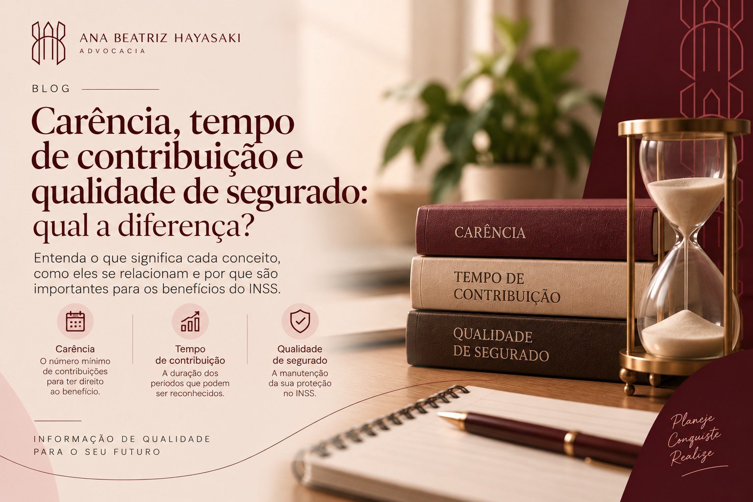 Ampulheta ao lado de livros sobre carência, contribuição e qualidade de segurado